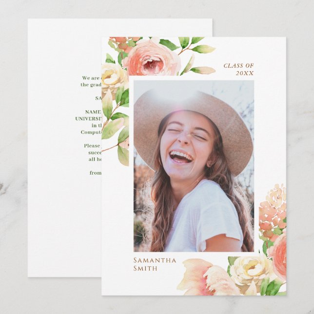 Pink Rose Floral Greenery Elegant Photo Graduation Announcement (Front/Back)