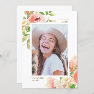 Pink Rose Floral Greenery Elegant Photo Graduation Announcement