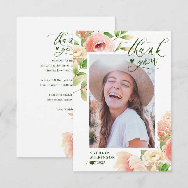 Pink Rose Floral Greenery Elegant Photo Graduation Thank You Card (Front/Back)