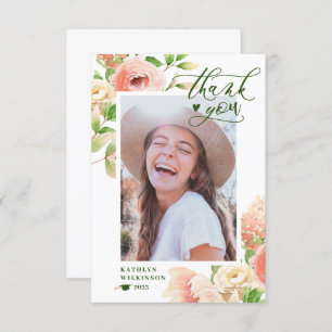 Pink Rose Floral Greenery Elegant Photo Graduation Thank You Card