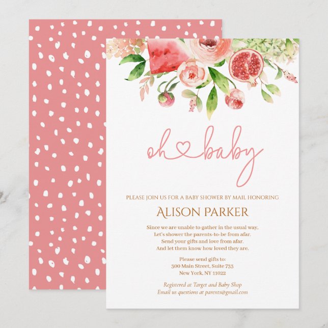 Pink Rose Floral Greenery Girl Baby Shower by Mail Invitation (Front/Back)