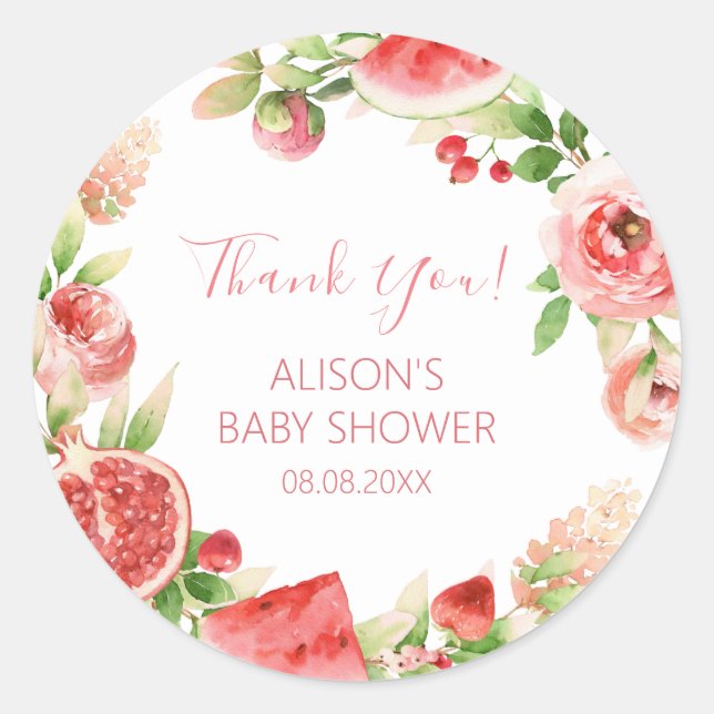 Pink Rose Floral Greenery Girl Baby Shower Classic Round Sticker (Front)