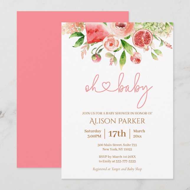 Pink Rose Floral Greenery Girl Baby Shower Invitat Invitation (Front/Back)