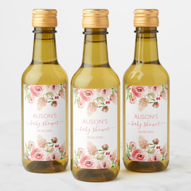 Pink Rose Floral Greenery Girl Baby Shower Mini Wine Label (Bottles)