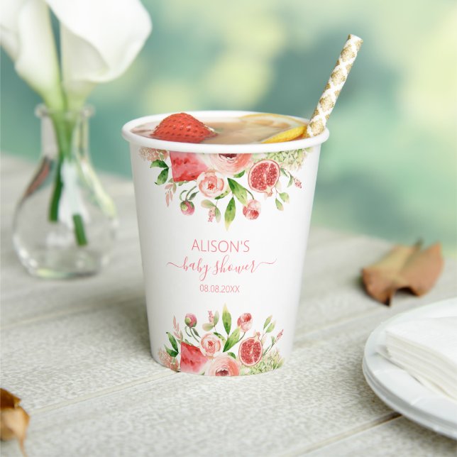 Pink Rose Floral Greenery Girl Baby Shower Paper Cups (Insitu)