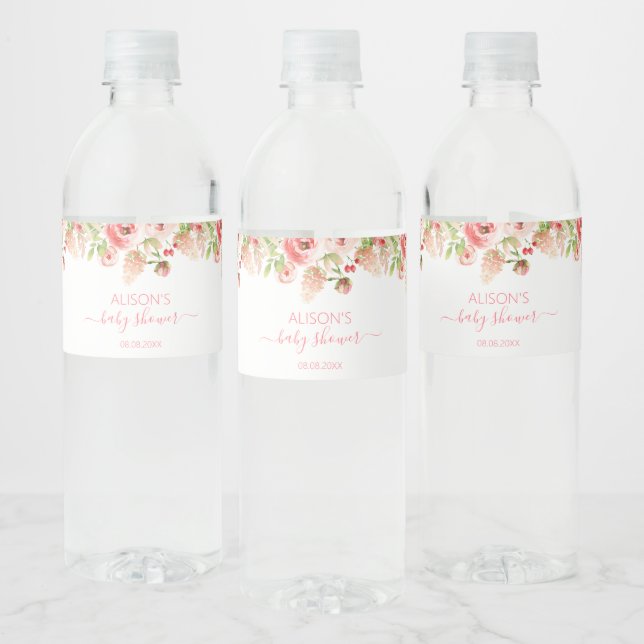 Pink Rose Floral Greenery Girl Baby Shower Water Bottle Label (Bottles)