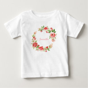 Pink Rose Floral Greenery Girl  Baby T-Shirt