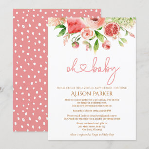 Pink Rose Floral Greenery Girl Virtual Baby Shower Invitation
