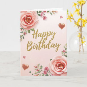 Pink Rose Floral Happy Birthday Card