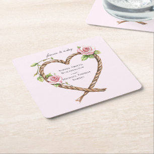 Pink Rose Floral Heart Wedding Square Paper Coaster