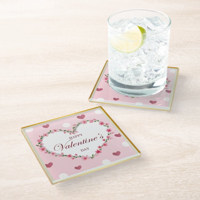 Pink Rose Floral Hearts Valentine's Day Gifts Glass Coaster (Angled)