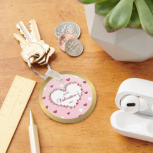Pink Rose Floral Hearts Valentine's Day Gifts Key Ring