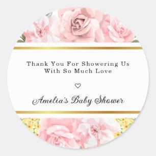 Pink Rose Floral Love And Thanks Baby Shower Classic Round Sticker