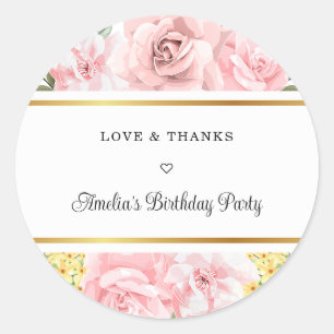 Pink Rose Floral Love And Thanks Birthday Party Classic Round Sticker