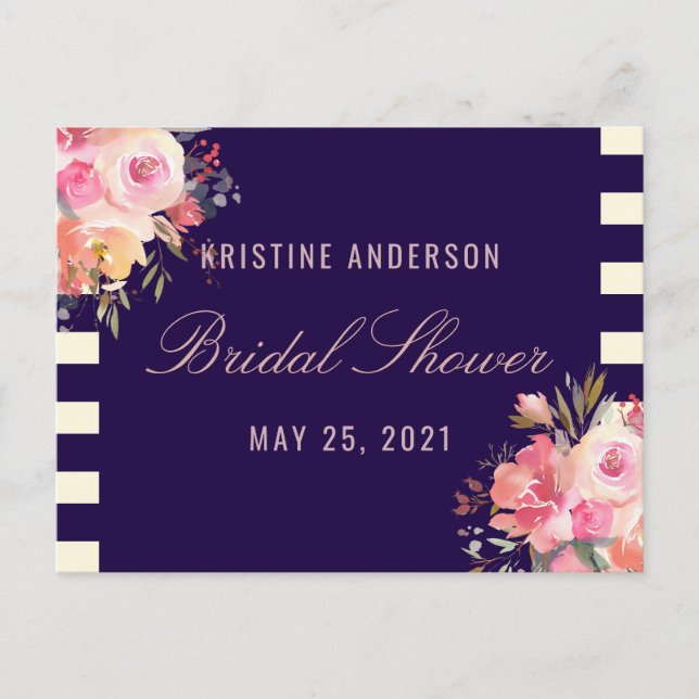 Pink Rose Floral Navy Blue Stripe Recipe Cards (Front)