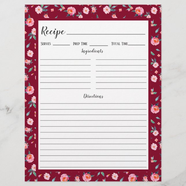 Pink Rose Floral Pattern Recipe Binder Page (Front)