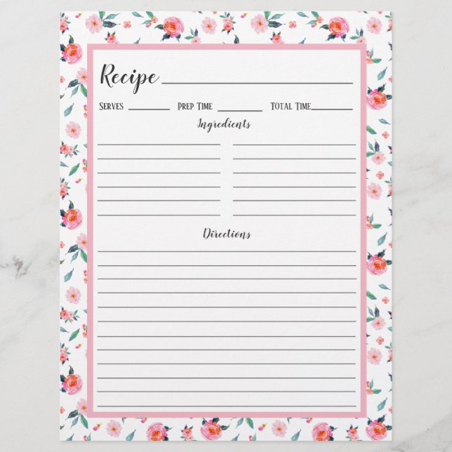 Pink Rose Floral Pattern Recipe Binder Page (Front)