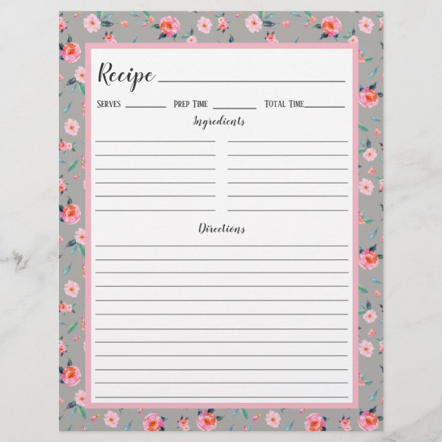 Pink Rose Floral Pattern Recipe Binder Page (Front)