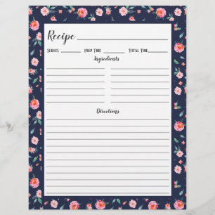Pink Rose Floral Pattern Recipe Binder Page