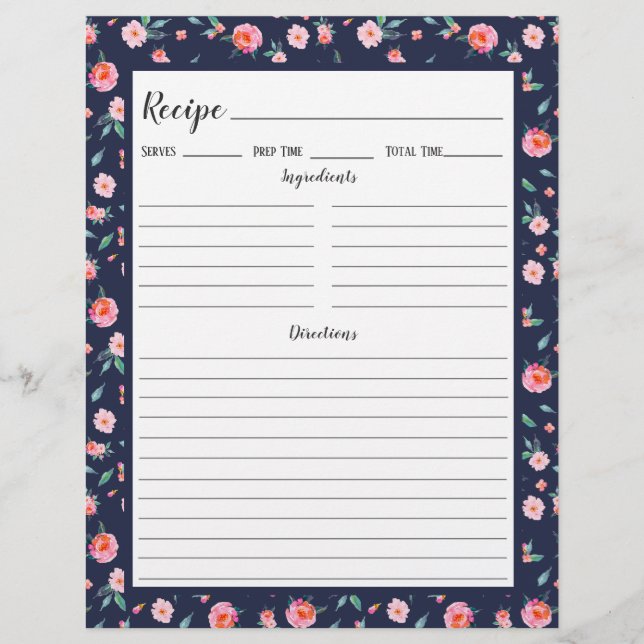 Pink Rose Floral Pattern Recipe Binder Page (Front)
