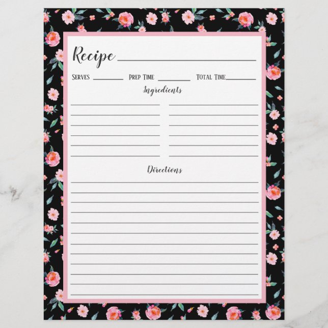 Pink Rose Floral Pattern Recipe Binder Page (Front)