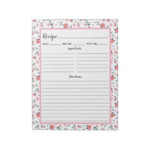 Pink Rose Floral Pattern Recipe Notepad
