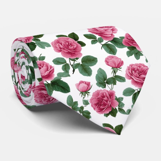 Pink Rose Floral Pattern Tie (Rolled)