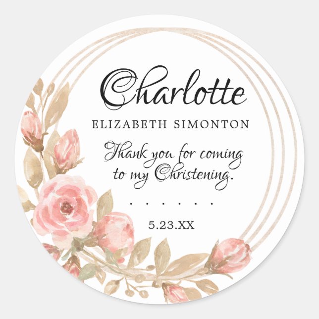 Pink Rose Floral  Personalised Christening Classic Round Sticker (Front)