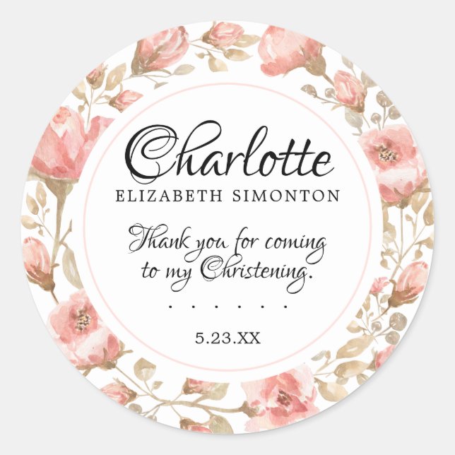 Pink Rose Floral  Personalised Christening Classic Round Sticker (Front)