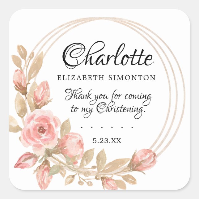 Pink Rose Floral  Personalised Christening Square Sticker (Front)
