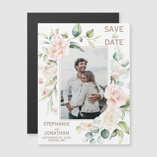 Pink Rose Floral Photo Save the Date Magnets (Front/Back)