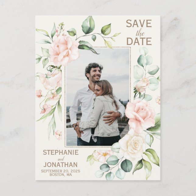 Pink Rose Floral Photo Save the Date Postcards (Front)