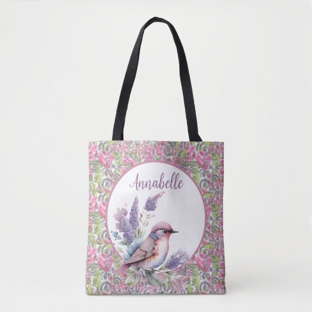 Pink Rose Floral Scroll  Tote Bag (Front)