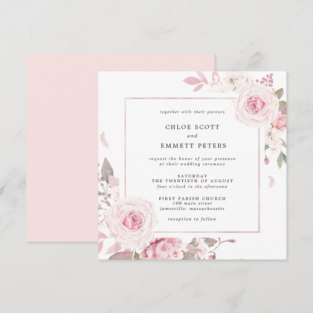 Pink Rose Floral Square Wedding Invitation (Front/Back)