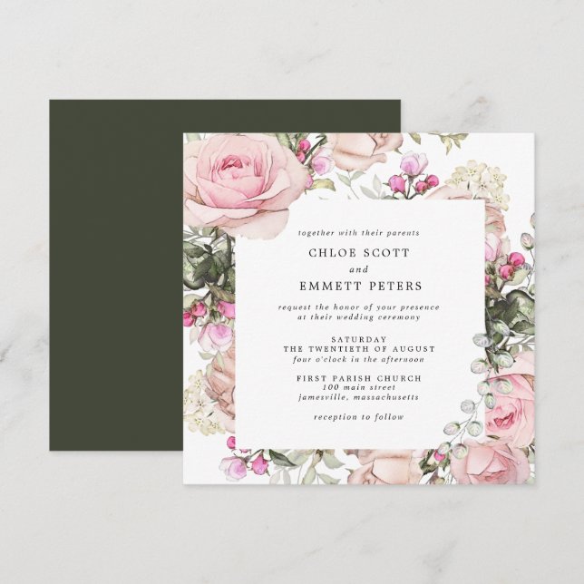 Pink Rose Floral Square Wedding Invitation (Front/Back)