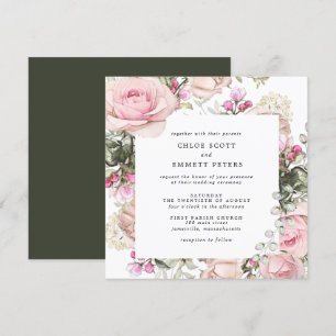 Pink Rose Floral Square Wedding Invitation