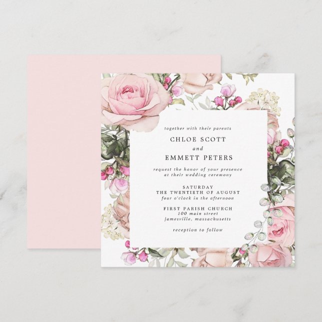 Pink Rose Floral Square Wedding Invitation (Front/Back)