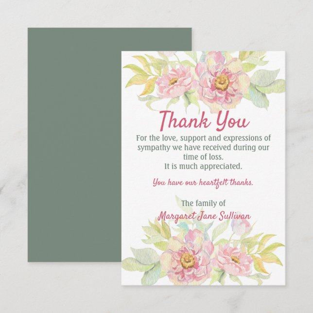Pink Rose Floral Thank You Funeral Sympathy Card (Front/Back)