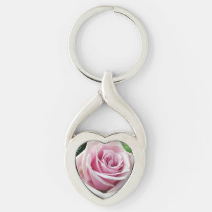 Pink Rose Floral Twisted Heart Metal Keychain