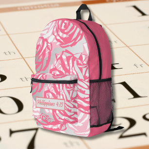 Pink Rose Floral Vintage Pattern with Bible Verse  Printed Backpack