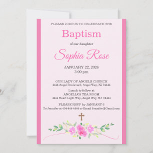 Pink Rose Floral Watercolor Cross Stripe Baptism Invitation