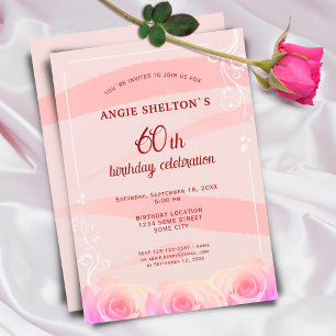 Pink Rose Floral Watercolor Stripes 60th Birthday Invitation
