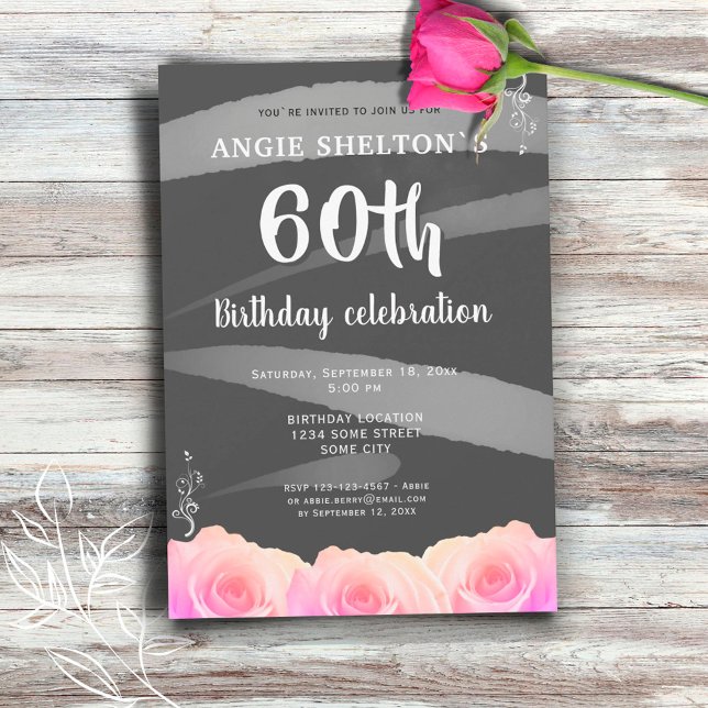 Pink Rose Floral Watercolor Stripes 60th Birthday Invitation (Creator Uploaded)