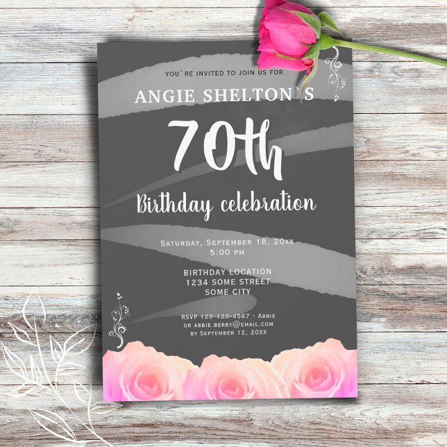 Pink Rose Floral Watercolor Stripes 70th Birthday  Invitation (Creator Uploaded)