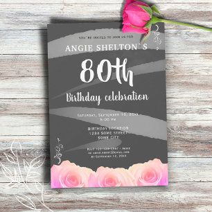 Pink Rose Floral Watercolor Stripes 80th Birthday  Invitation