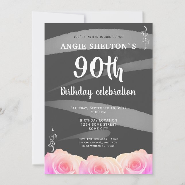 Pink Rose Floral Watercolor Stripes 90th Birthday Invitation (Front)