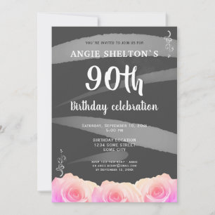 Pink Rose Floral Watercolor Stripes 90th Birthday Invitation