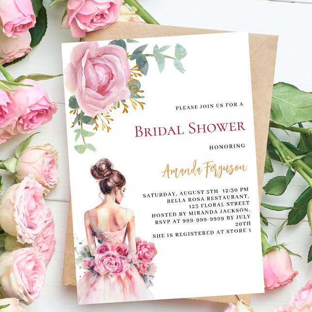 Pink rose floral wedding dress Bridal Shower Invitation (Creator Uploaded)