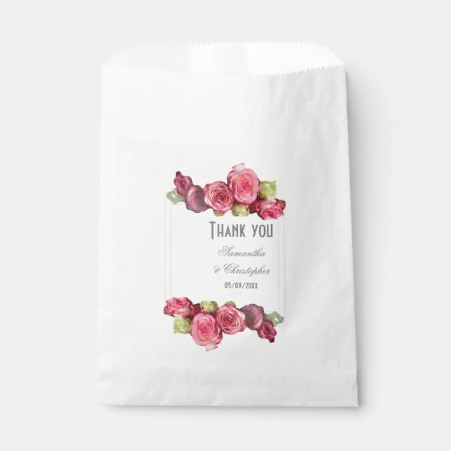 Pink rose floral wedding favour bags (Front)