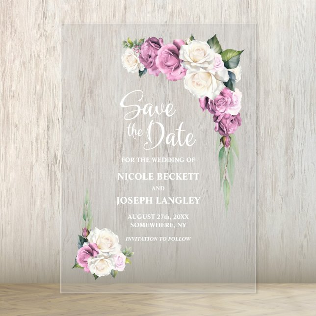 Pink Rose Floral Wedding Save the Date Acrylic Invitations (Creator Uploaded)